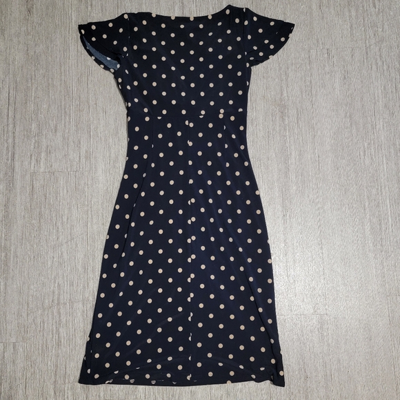 Lauren Ralph Lauren Size 4 Beautiful Black & Tan Polka Dot Dress Ruched Waist - Picture 3 of 5